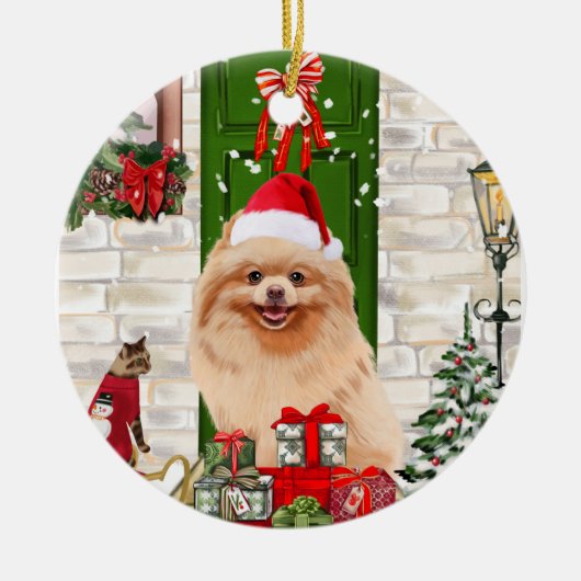Pomeranian Dog Kerstmis Keramisch Ornament (Voorkant)