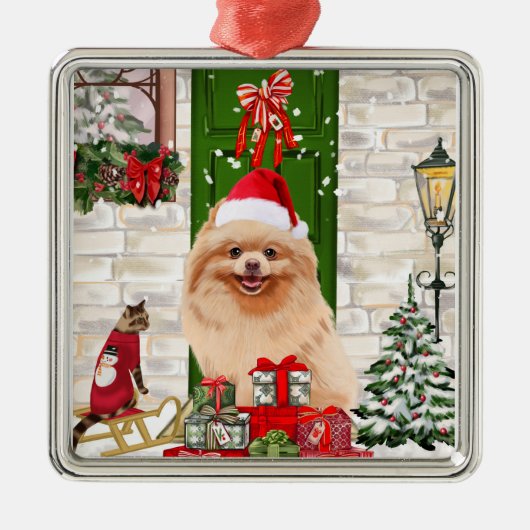 Pomeranian Dog Kerstmis Metalen Ornament (Voorkant)