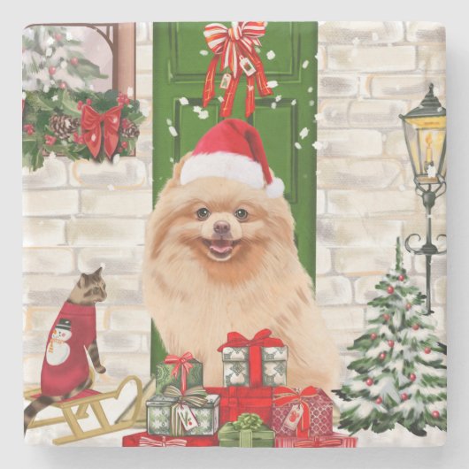 Pomeranian Dog Kerstmis Stenen Onderzetter (Voorkant)