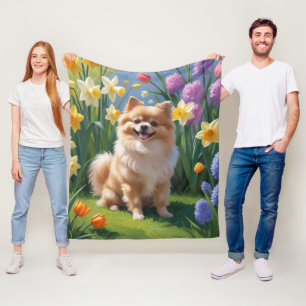 Pomeranian Dog Spring Bloemen Schilderen Fleece Deken
