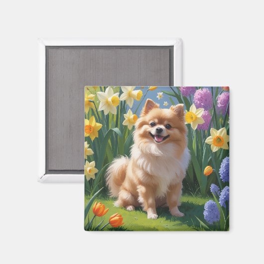 Pomeranian Dog Spring Bloemen Schilderen Magneet (Voorkant / Achterkant)