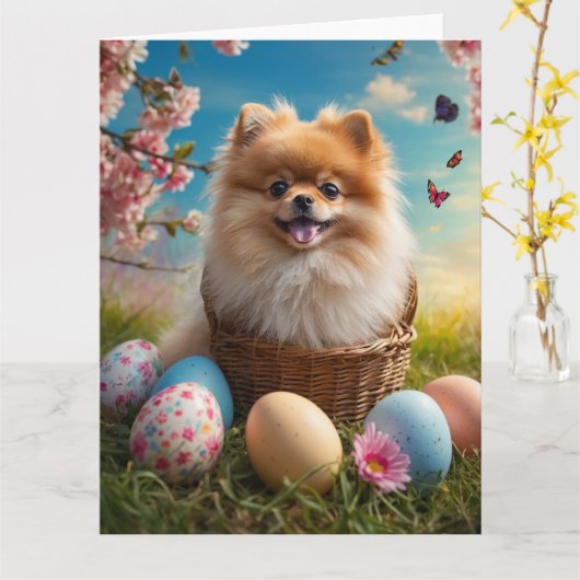 Pomeranian Easter Eggs Kaart (Gele Bloem)