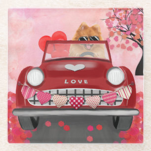 Pomeranian Hond Auto met Hartjes Valentijnsdag Glazen Onderzetter