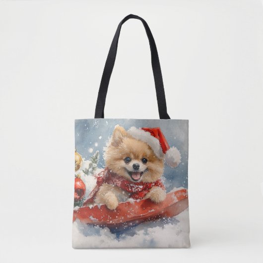 Pomeranian hond in slee laat het sneeuwen Kerstmis Draagtas (Voorkant)
