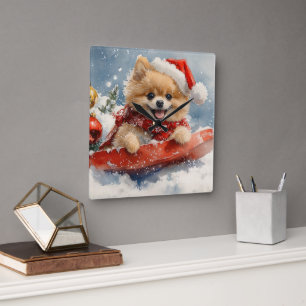 Pomeranian hond in slee laat het sneeuwen Kerstmis Vierkante Klok