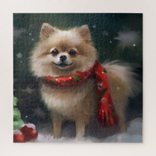 Pomeranian hond in sneeuw Kerstmis Legpuzzel