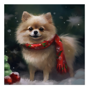 Pomeranian hond in sneeuw Kerstmis Perfect Poster