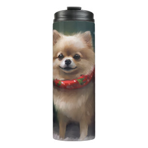 Pomeranian hond in sneeuw Kerstmis Thermosbeker