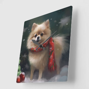 Pomeranian hond in sneeuw Kerstmis Vierkante Klok