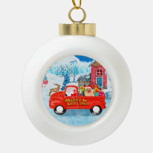 Pomeranian hond Kerst Bezorgwagen Sneeuw Keramische Bal Ornament