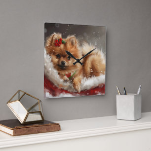 Pomeranian Hond Kerst Festiviteit Vierkante Klok