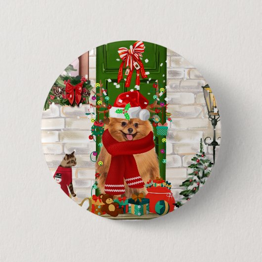 Pomeranian hond kerst ronde button 5,7 cm (Voorkant)