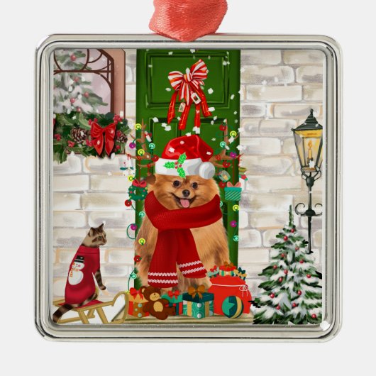 Pomeranian Hond Kerstmis Metalen Ornament (Voorkant)
