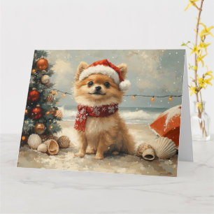 Pomeranian Hond Kerstmis Vintage Strand Kaart