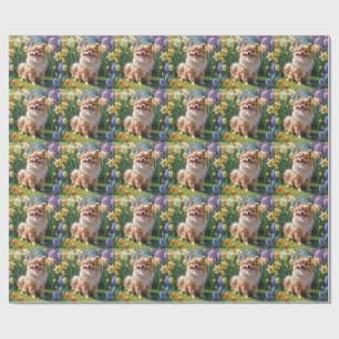 Pomeranian Hond Lentere Bloemen Schilderij Cadeaupapier