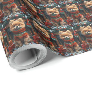 Pomeranian hond met kerstcadeaus open haard cadeaupapier