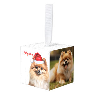 Pomeranian hond twee foto's Kerstvakantie Kubus Ornament