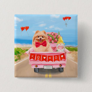 Pomeranian hond Valentijnsdag Truck Harten Vierkante Button 5,1 Cm