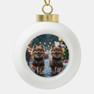 Pomeranian Honden Kerst Sneeuw Vakantie Keramische Bal Ornament