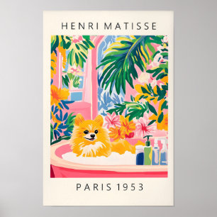 Pomeranian in badkuip, honden kunstprint, Roze Dop Poster
