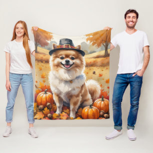 Pomeranian in herfstbladeren Thanksgiving kunst Fleece Deken