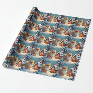 Pomeranian in Kerststad Dorp in peperkoek Cadeaupapier