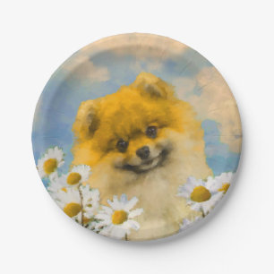 Pomeranian in Madeliefjes die - het Originele Art. Papieren Bordje