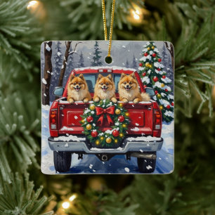 Pomeranian Kerst Rode Truck Kerstcadeau Keramisch Ornament