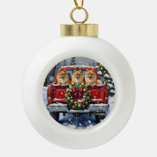 Pomeranian Kerst Rode Truck Kerstcadeau Keramische Bal Ornament