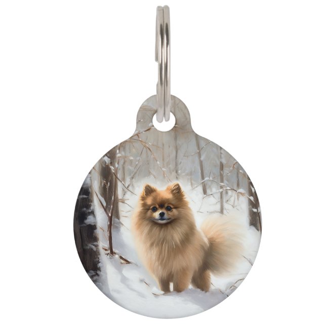 Pomeranian liet het sneeuwKerstmis Huisdierpenning (Voorkant)