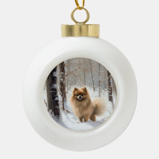 Pomeranian liet het sneeuwKerstmis Keramische Bal Ornament (Voorkant)