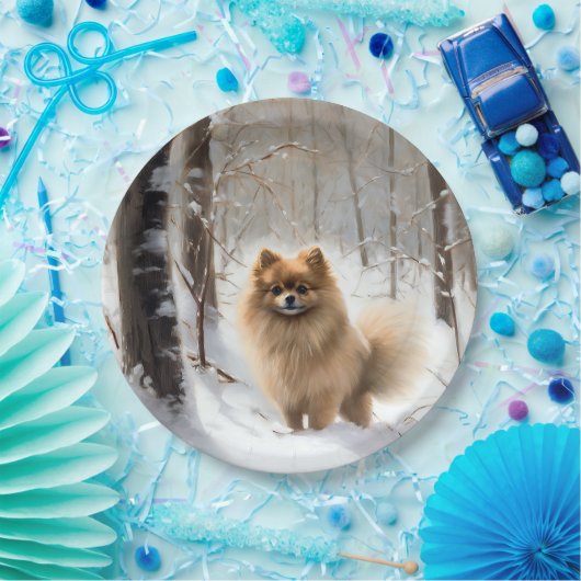 Pomeranian liet het sneeuwKerstmis Papieren Bordje (Feest)