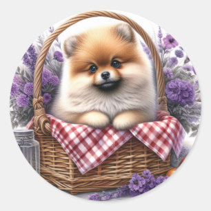 Pomeranian Puppy Dog Waterverf Wildflower Picknick Ronde Sticker