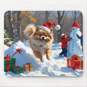 Pomeranian Rent in de Sneeuw met Kerstmuts Muismat
