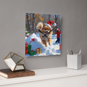Pomeranian Rent in de Sneeuw met Kerstmuts Vierkante Klok
