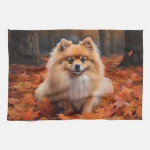 Pomeranian tussen vallende herfstbladeren inspiree theedoek