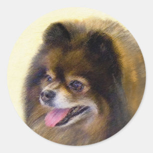 Pommeren Black en Tan Painting Original Dog Art Ronde Sticker