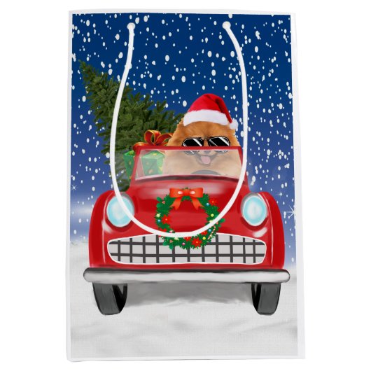 Pommeren die met sneeuwkerst rijden medium cadeauzakje (Voorkant)