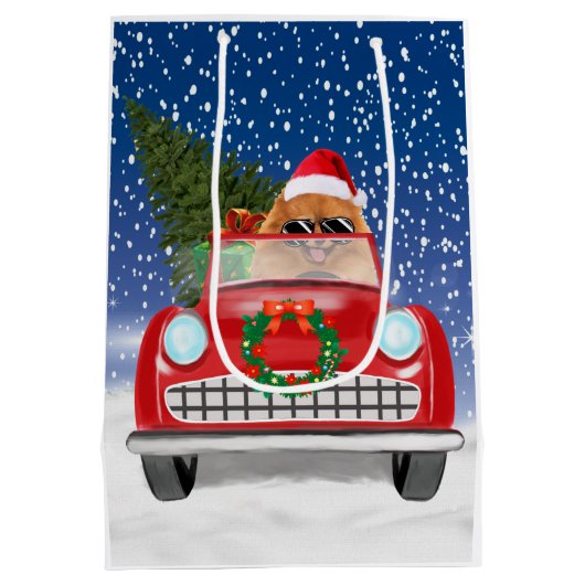 Pommeren die met sneeuwkerst rijden medium cadeauzakje (Achterkant)