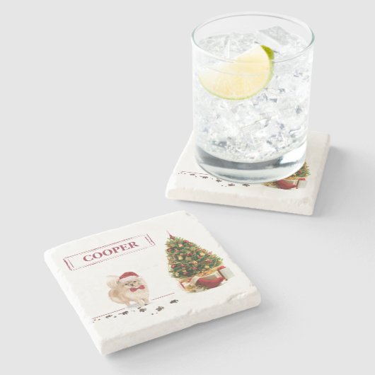 Pommeren Funny-kersthond met boom Stenen Onderzetter (Zijkant)