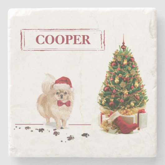 Pommeren Funny-kersthond met boom Stenen Onderzetter (Voorkant)