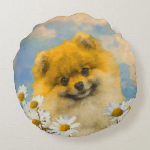 Pommeren in Daisies schilderen - Oorspronkelijke h Rond Kussen