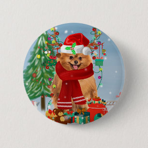 Pommeren met kerstcadeautjes ronde button 5,7 cm