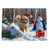 Pommerse hardlopen in de sneeuw met kerst Pet Groot Cadeauzakje (Voorkant)