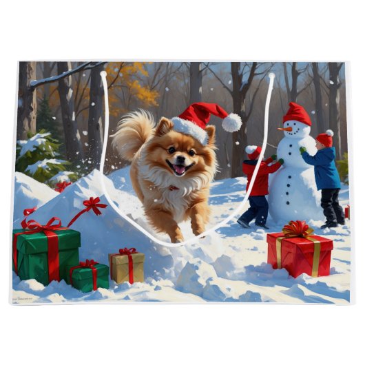Pommerse hardlopen in de sneeuw met kerst Pet Groot Cadeauzakje (Voorkant)