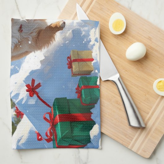 Pommerse hardlopen in de sneeuw met kerst Pet Theedoek (Quarter Fold)