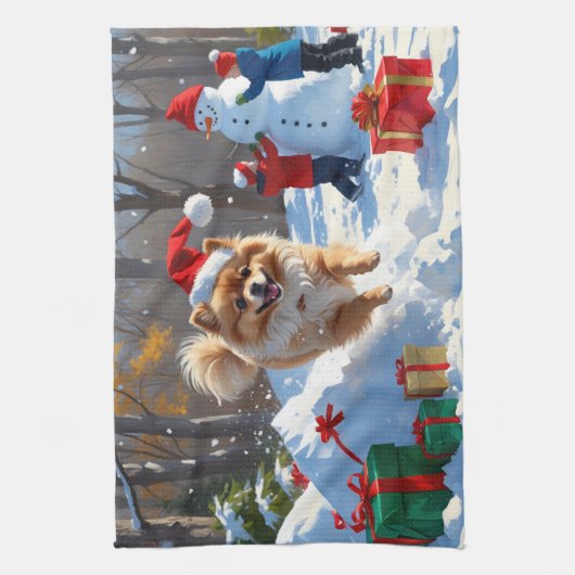 Pommerse hardlopen in de sneeuw met kerst Pet Theedoek (Verticaal)