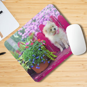 Pommerse Hond Bloemen Rustieke Tuin Bench Scene Muismat