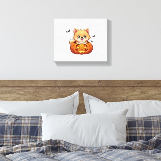 Pommerse hond Happy Halloween pompoen Classic T-S Canvas Afdruk (Insitu (Slaapkamer))