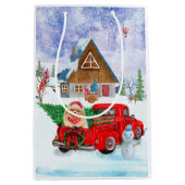 Pommerse hond in kerstcadeauwagen medium cadeauzakje (Voorkant)